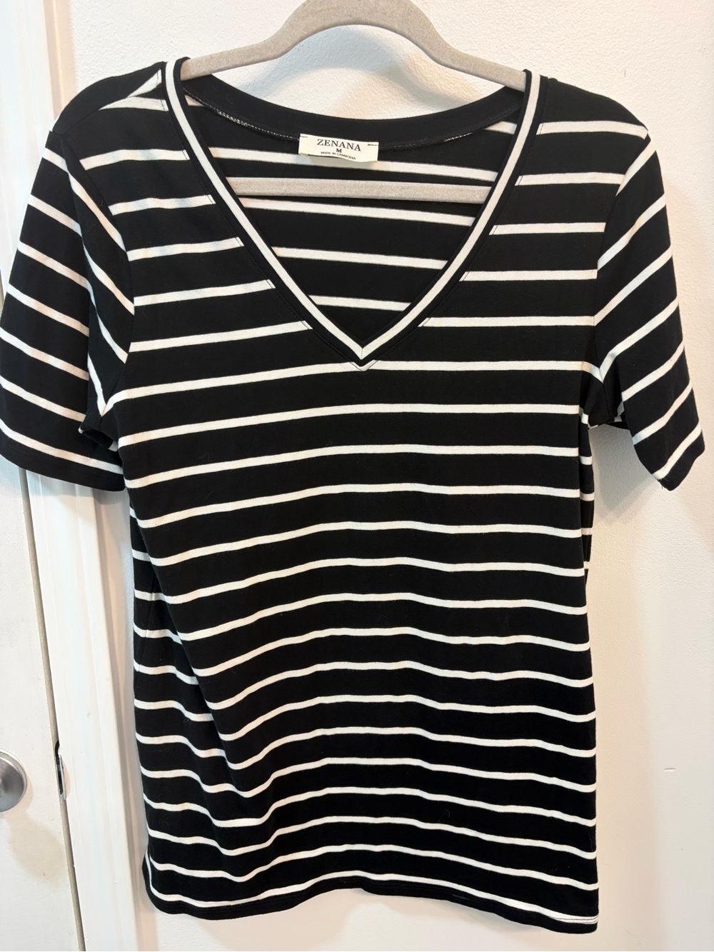 Zenana Outfitters Black & White Striped V-Neck Short Sleeve Tee